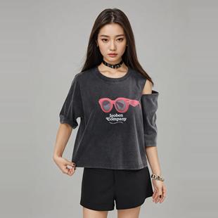 BW夏季 t恤女圆领洋气上衣独特别致 印花美式 复古做旧女士水洗短袖