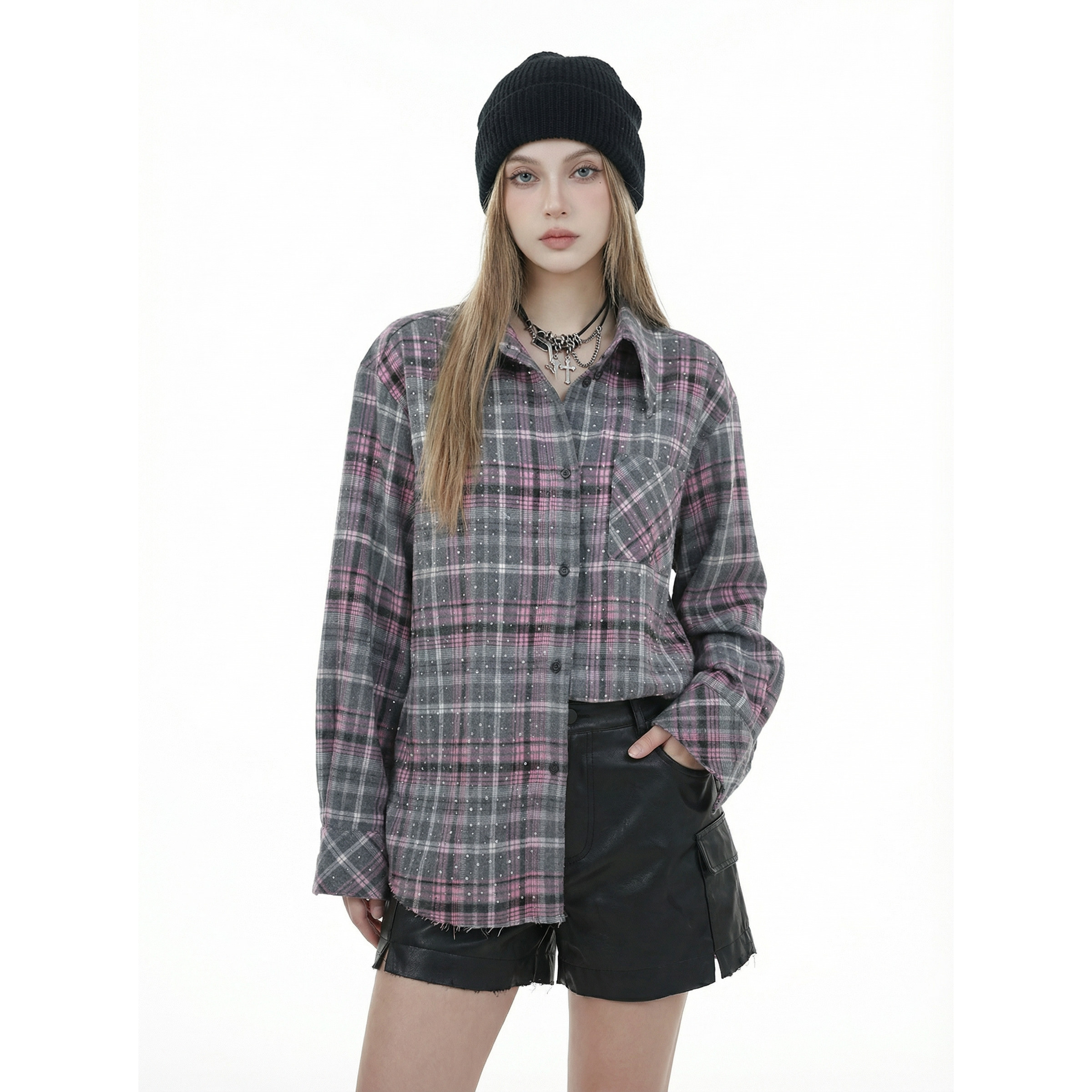 BW 细格纹复古格子高智感磨毛衬衫衬衣宽松长袖外套粉色,女装/女士精品,衬衫,淘宝优惠券,粉丝福利购,淘宝优惠卷