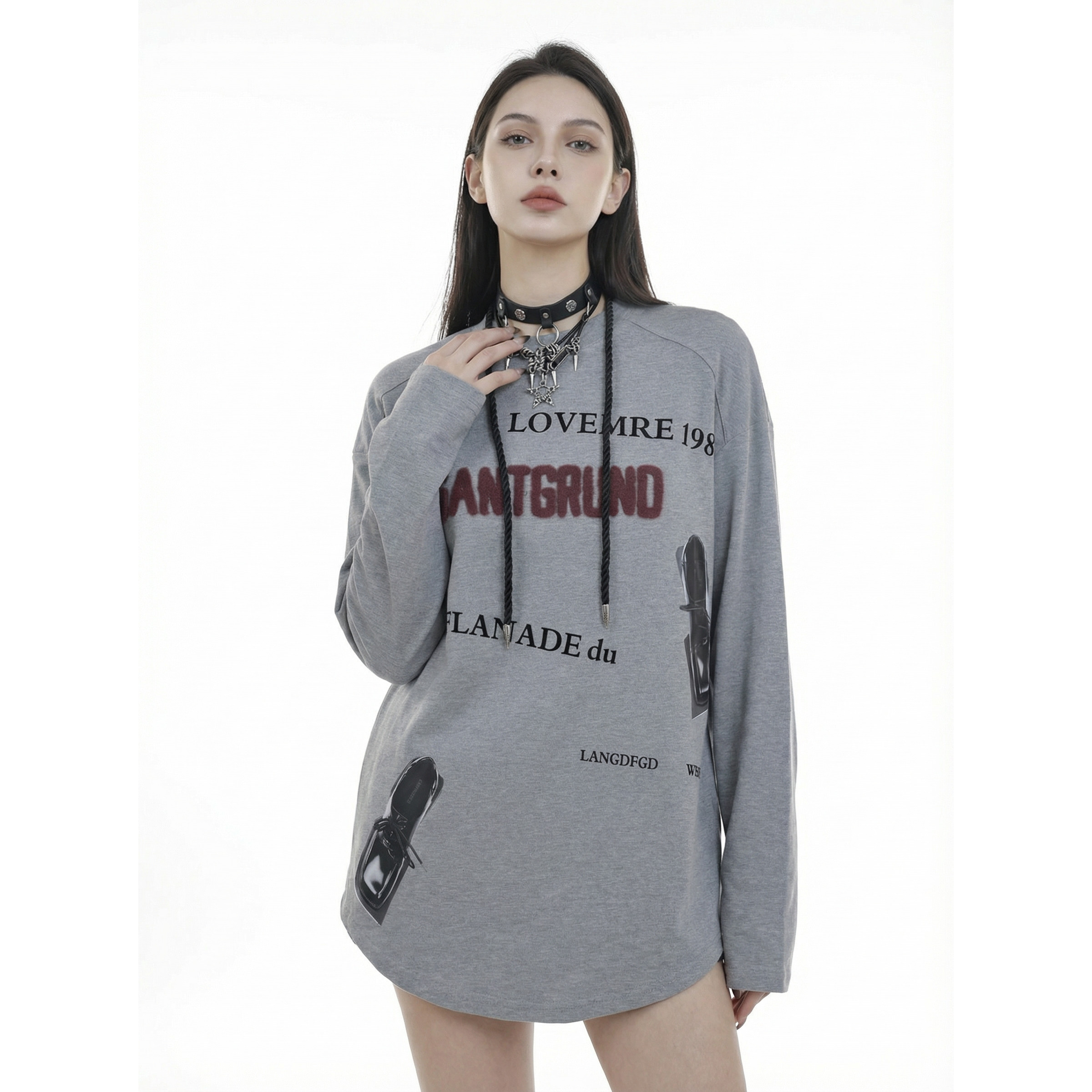 BW 复古字母印花宽松磨毛长袖T恤打底衫慵懒风落肩上衣灰色女,女装/女士精品,T恤,淘宝优惠券,粉丝福利购,淘宝优惠卷