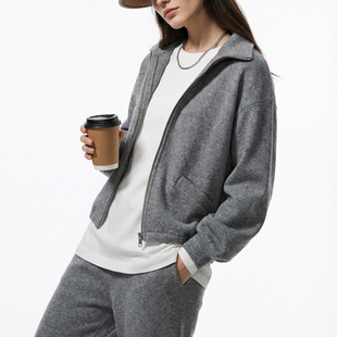 BW立领羊毛拉链运动风卫衣卫裤 miu系雾彩色超凡舒适浅灰色 套装