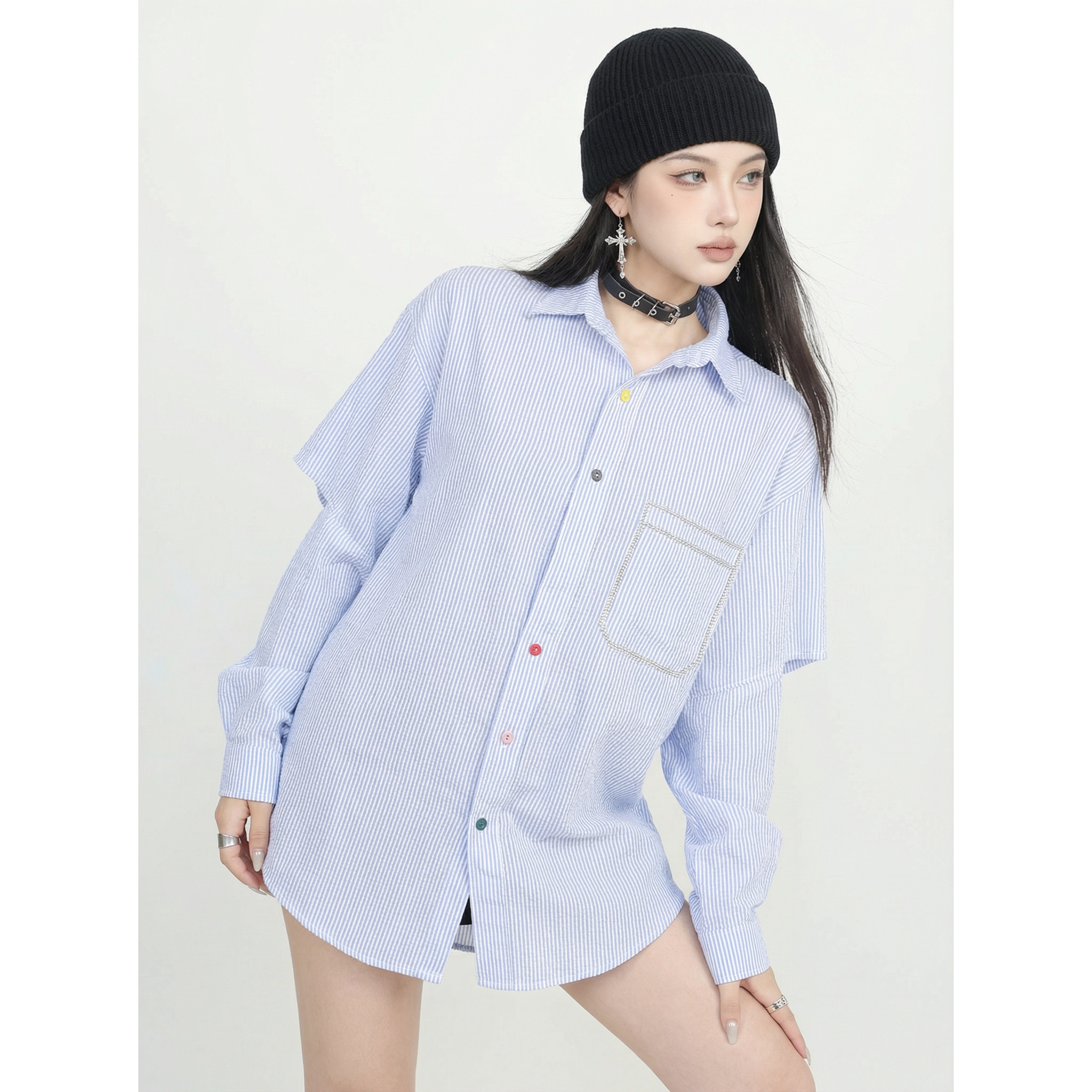 BW蓝色条纹衬衫女夏季烫钻设计宽松翻领衬衣时尚百搭外套蓝色轻奢,女装/女士精品,衬衫,淘宝优惠券,粉丝福利购,淘宝优惠卷