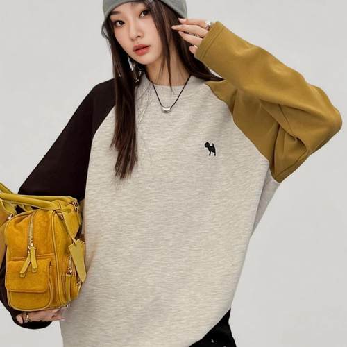 BW 圆领打底衫撞色插肩袖磨毛长袖T恤女新款