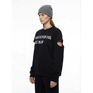 BW 圆领字母宽松印花镂空长袖T恤打底衫女都市栗人不规则主义穿搭