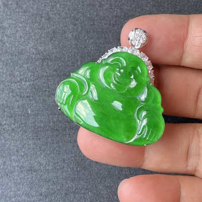 天然A货翡翠冰种满绿佛公吊坠18K金镶嵌女款玉石挂件项链配链子