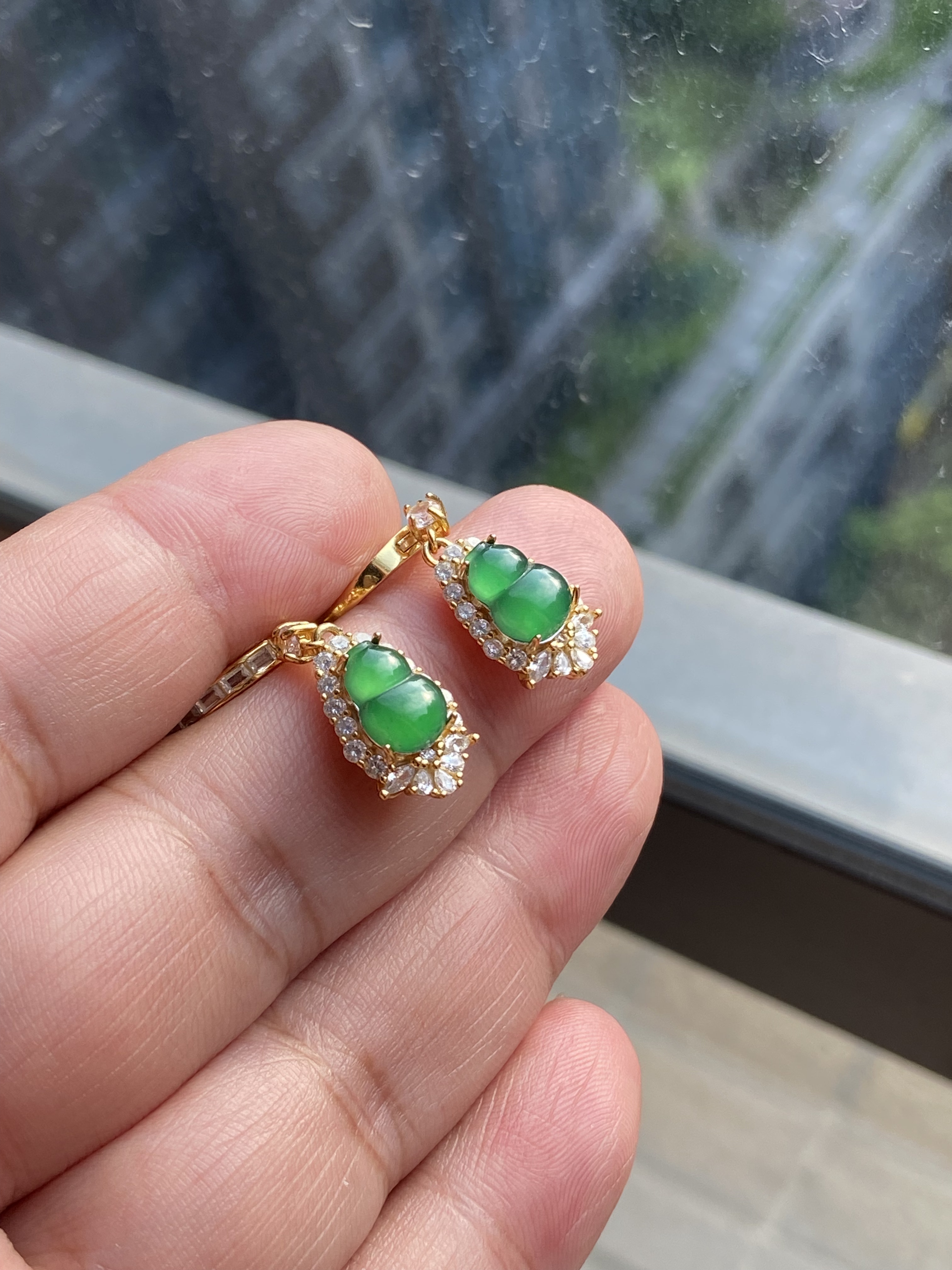满绿翡翠葫芦耳环天然A货翡翠冰种翡翠葫芦耳饰耳坠耳环代镶嵌
