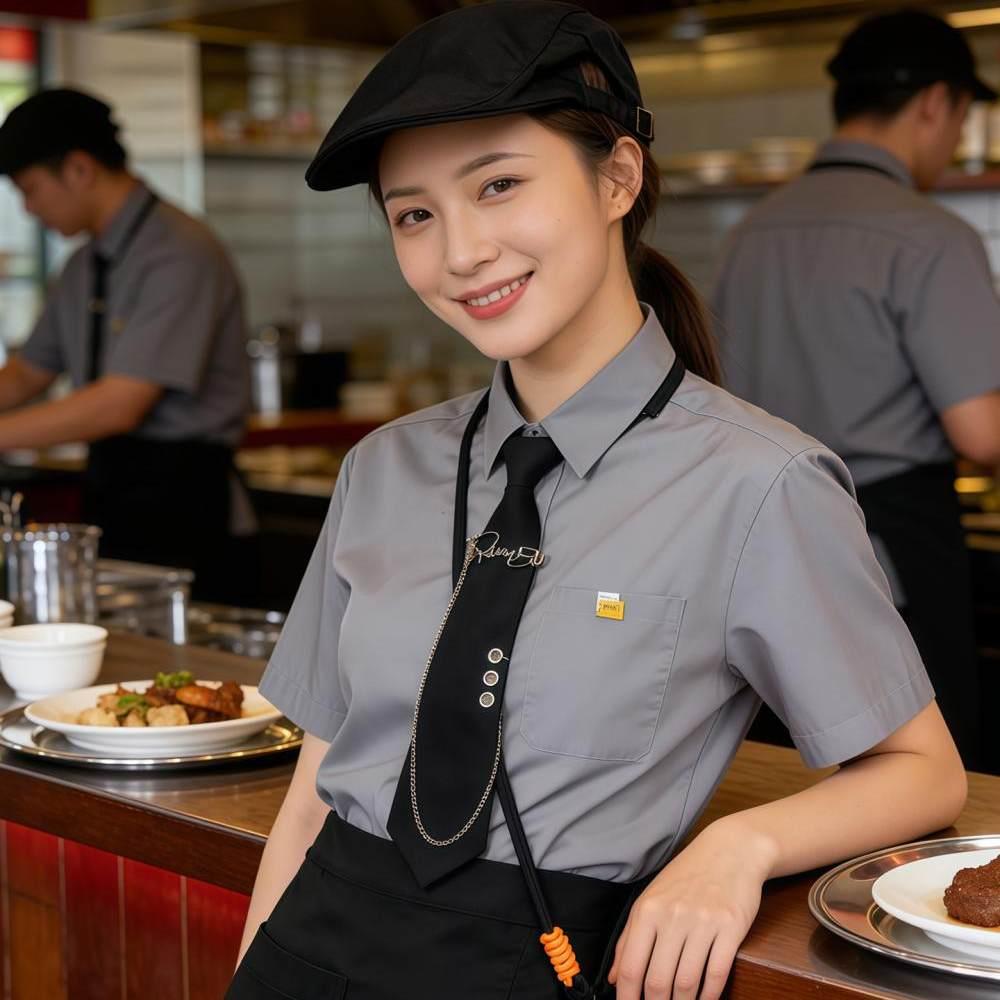 西餐厅吧台服务员工作服短袖夏装饭店咖啡奶茶收银员工衣定制LOGO