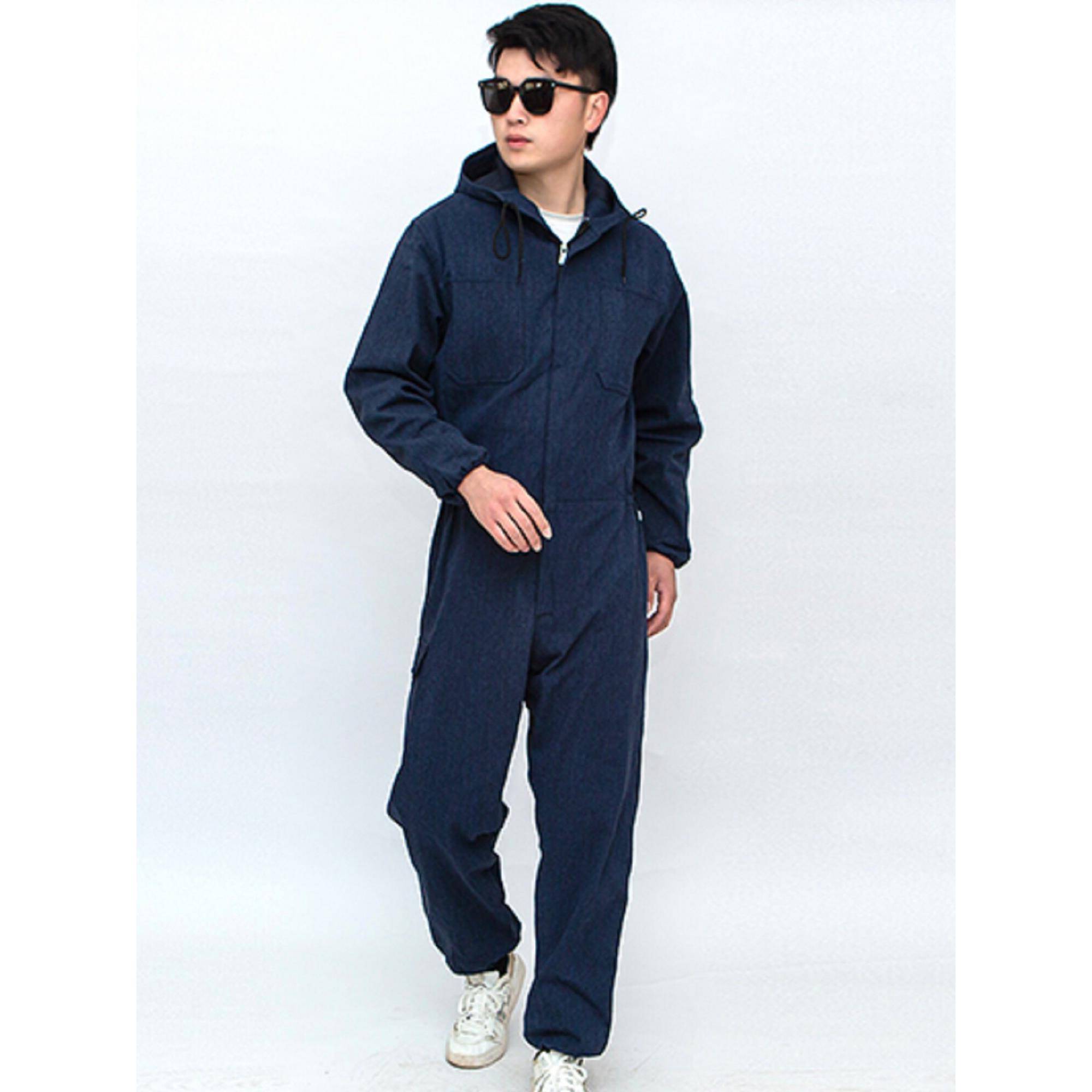 牛仔连体工作服带帽防尘服套装男电焊机修喷漆劳保防护服耐磨耐脏