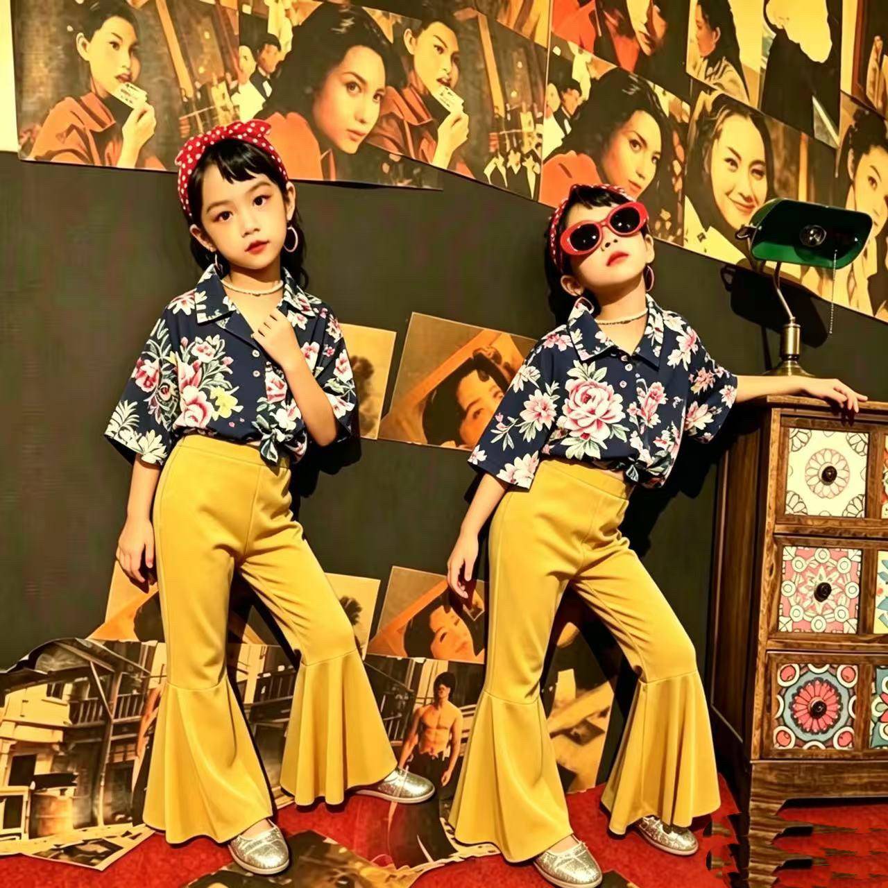儿童复古港风演出服女童8090年走秀花衬衫喇叭裤套装小学生运动会图片