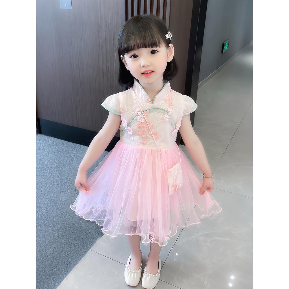 品牌专柜女童夏季洋装女宝宝裙子短袖公主裙儿童套装旗袍汉服薄款