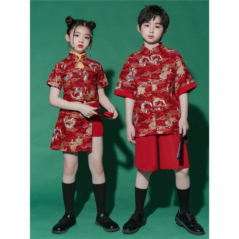 六一儿童演出服国潮中国风表演服男童唐装汉服女童旗袍啦啦队班服
