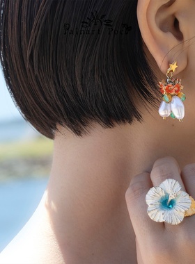 Palnart poc夏威夷扶桑花戒指开口可调日本手作大型夸张白色花朵