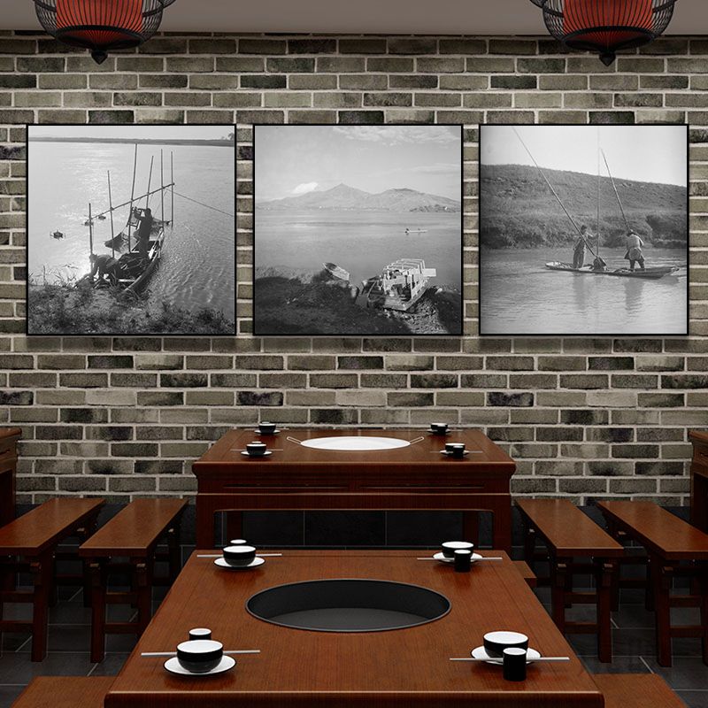 潮州风景装饰画复古怀旧火锅店餐厅挂画潮汕黑白老照片渔民壁画