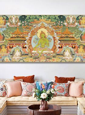 佛堂三世佛挂画西藏文化佛像客厅玄关茶室万佛图唐卡装饰画绿度母