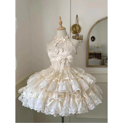 lolita裙杏色爱心镂空公主裙