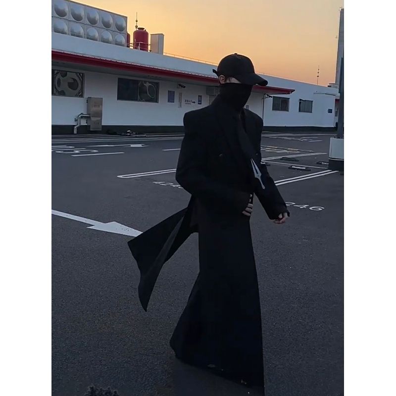 垫肩西装黑色呢大衣长款男士过膝秋冬英伦风衣双排毛呢大衣男收腰
