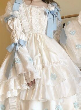 白色超多冬日汀兰花长袖Lolita连衣裙姬袖连衣裙全款带披肩