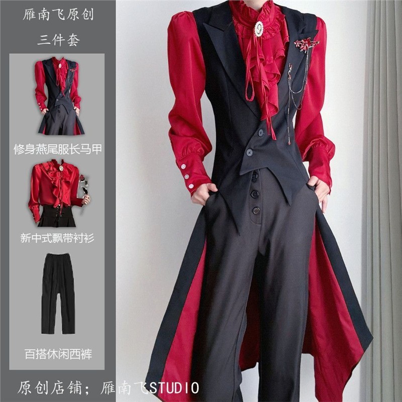 禁欲系红内黑西装长马甲修身收腰戗驳领燕尾西服马夹制服一整套装