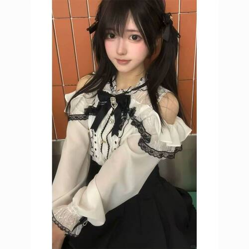 日系rojita蕾服套装女秋长袖甜美蕾丝漏肩上衣收腰显瘦亚文化裙子