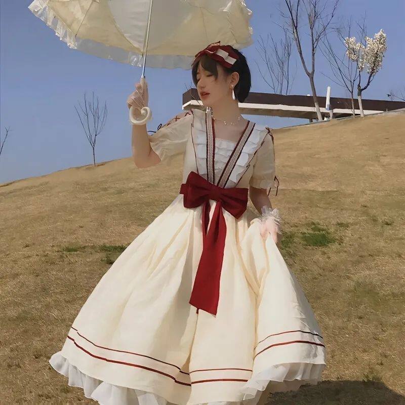 洛丽塔裙子全套邂逅OP原创设计高腰撞色复古优雅短袖连衣裙Lolita