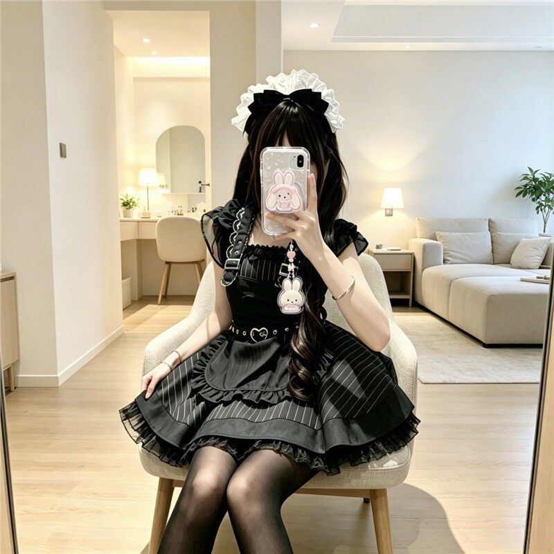 亚文化Lolita女仆套装收腰显瘦小个子日常可穿暗黑细条纹背带裙