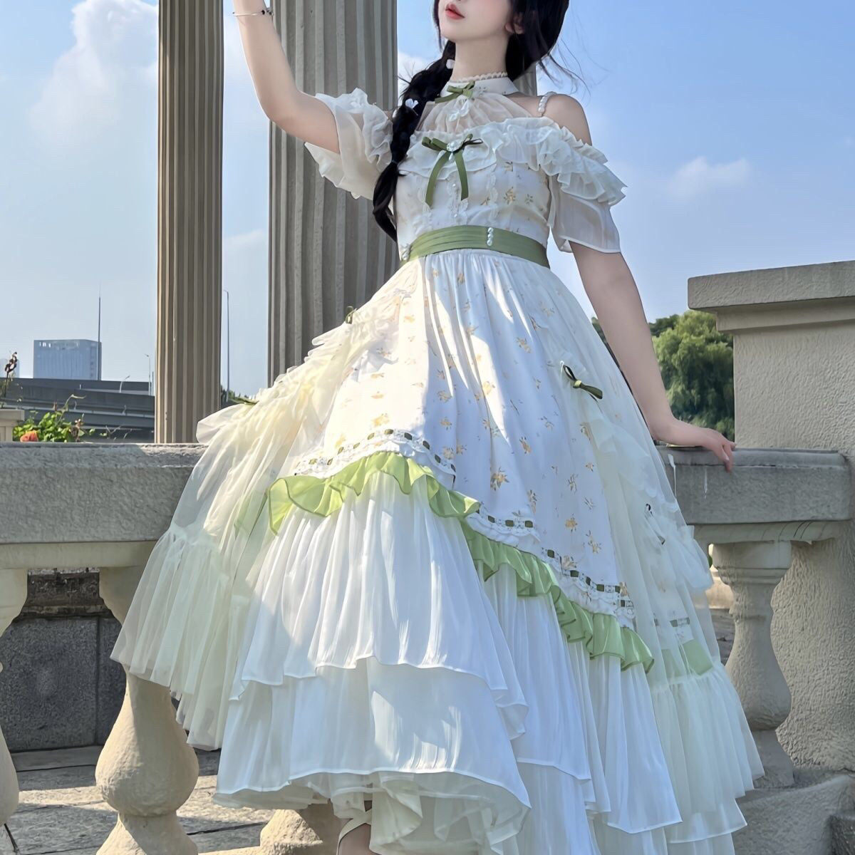 夏lolita少女信笺碎花优雅cla系公主大裙摆飞飞袖雪纺长款连衣裙