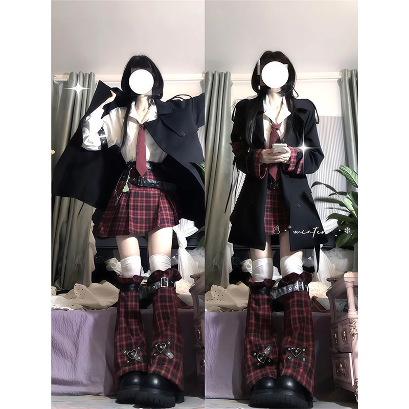 守护甜心 日系学院风显瘦百搭秋冬衬衫+红格裙+风衣外套三件新款