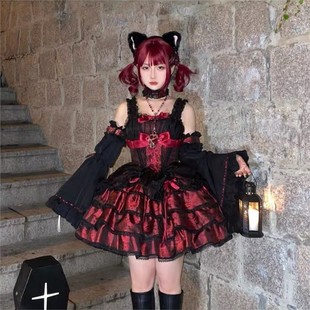 现货蔷薇执事黑红洛丽塔JSK甜辣lolita连衣裙可爱二次元cos服