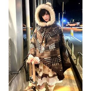 JK毛呢大衣冬季高级感无袖洛丽塔披肩棕色流苏连帽加厚斗篷短外套