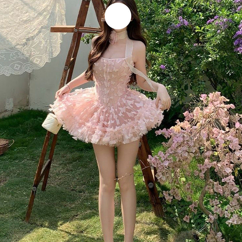 甜美小蝴蝶抹胸连衣裙收腰显瘦粉色鱼骨小礼裙公主超仙生日裙女