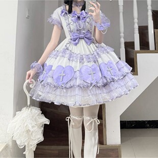 昭和十字恋人白紫色爱心doll少女感优雅蕾丝lolita短袖连衣裙op