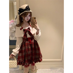 甜美清新蝴蝶结毛绒上衣+红色花边格纹短裙两件套女