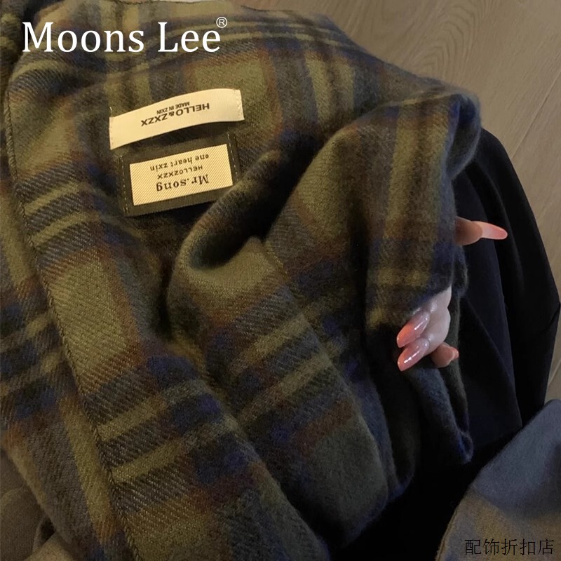 MoonsLee绿色格子围巾女质感好可搭配大衣毛线衣冬季百搭保暖围脖