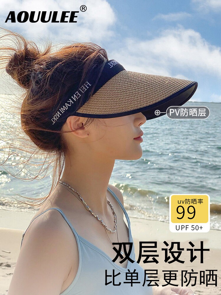 拉菲空顶草帽女防晒防紫外线遮阳