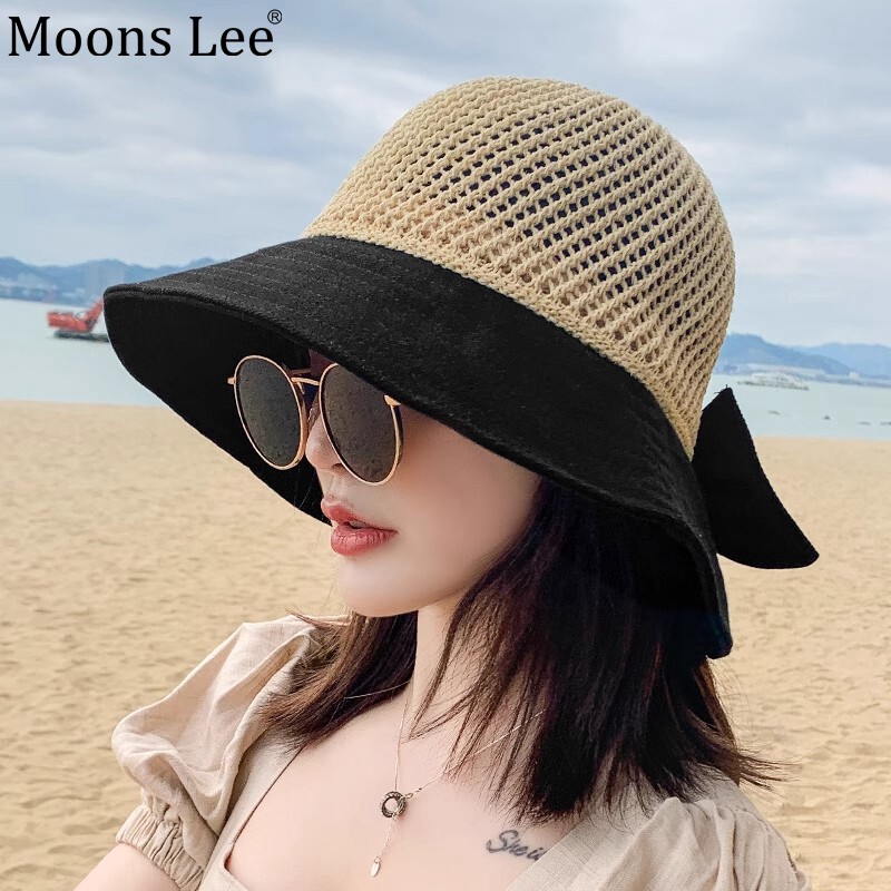 沙滩太阳帽镂空蝴蝶结草帽女