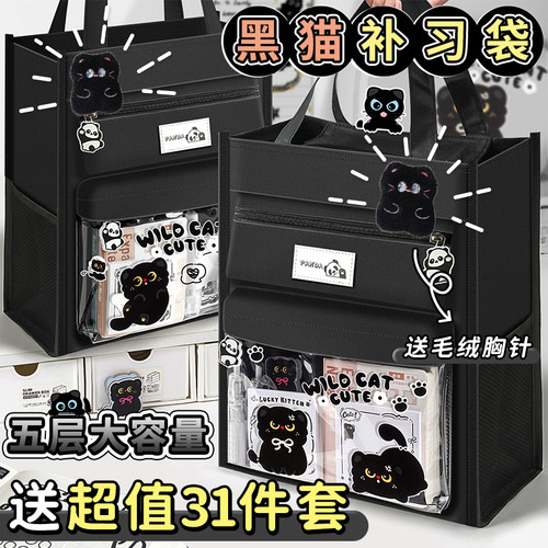 小黑猫补习袋初中小学生手提拎书袋大容量透明收纳包男款女孩多功能补课包文件资料袋加厚高颜值帆布补课包