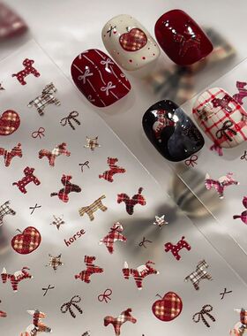 美甲贴纸2026马年新年立体浮雕新年红色复古布纹小马辣妹手账diy指甲烟花锦鲤元宝暴富福字金元宝穿戴甲贴片