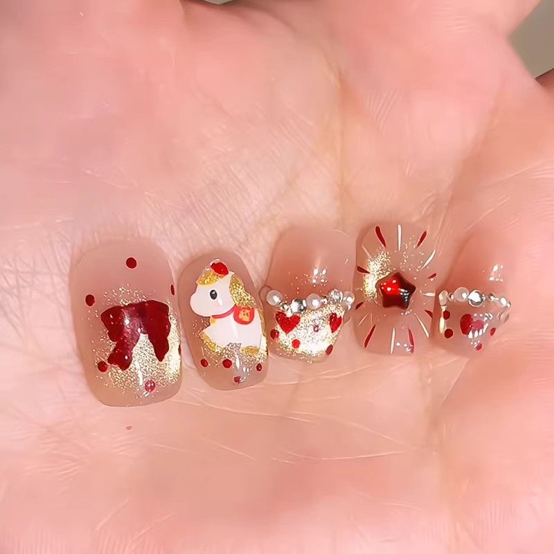 新年小马手工穿戴甲2026马年新年款儿童指甲贴女孩美甲手绘福气可