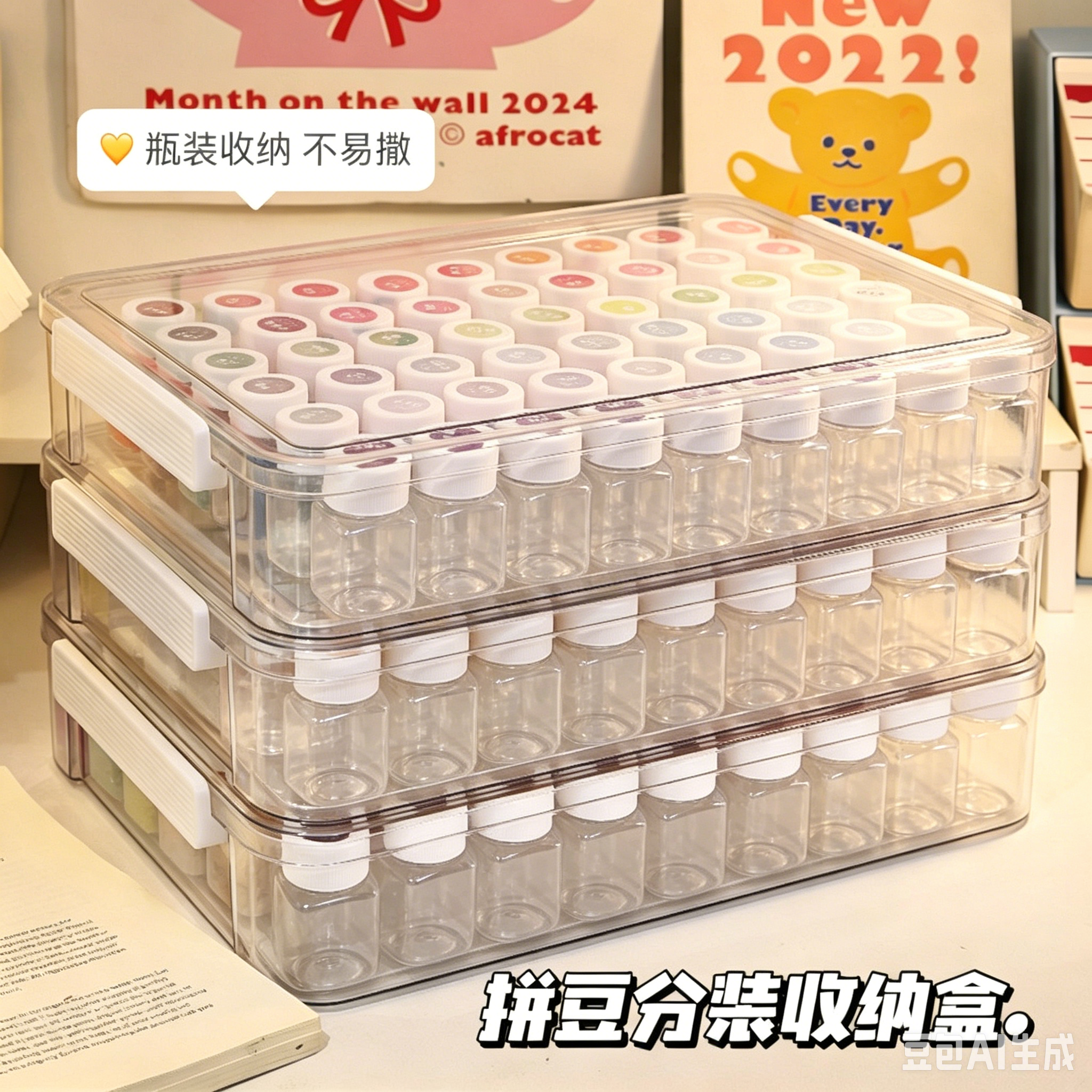拼豆收纳盒221色分装收纳盒子144色号拼豆贴纸分装瓶亚克力储物盒