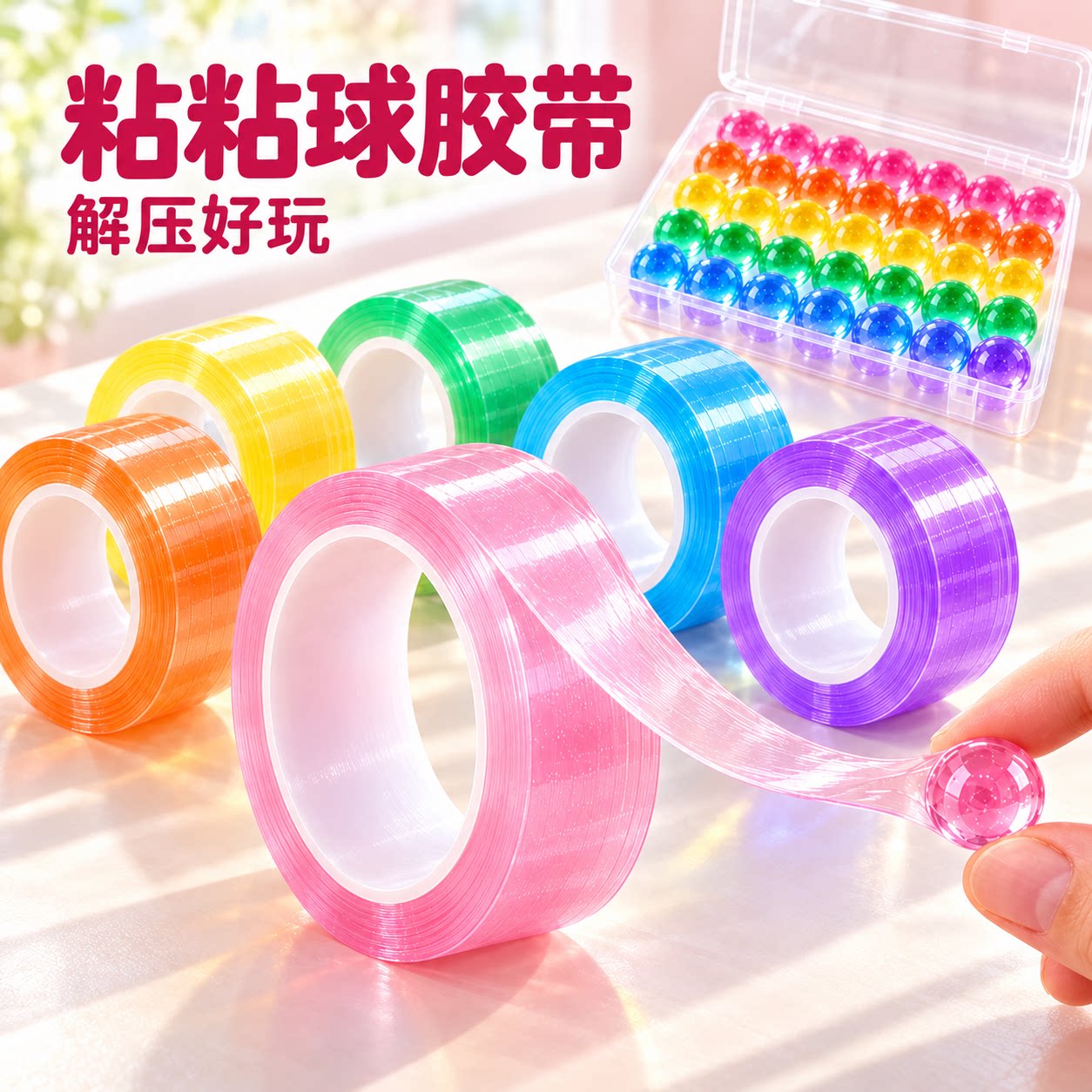 网红粘粘球胶带彩色透明卷徒手拉丝女孩子10岁以上稀奇古怪小玩具解压玩具水晶冰透彩虹胶带手工diy拉丝卷卷