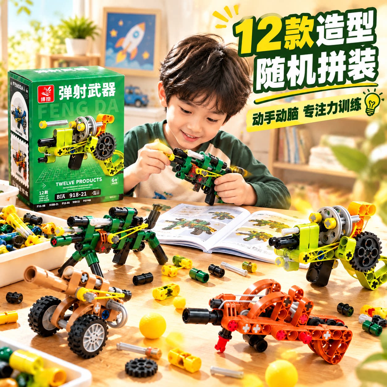 左轮手枪可发射积木枪儿童拼装武器盲盒玩具模型奖品生日礼物男孩