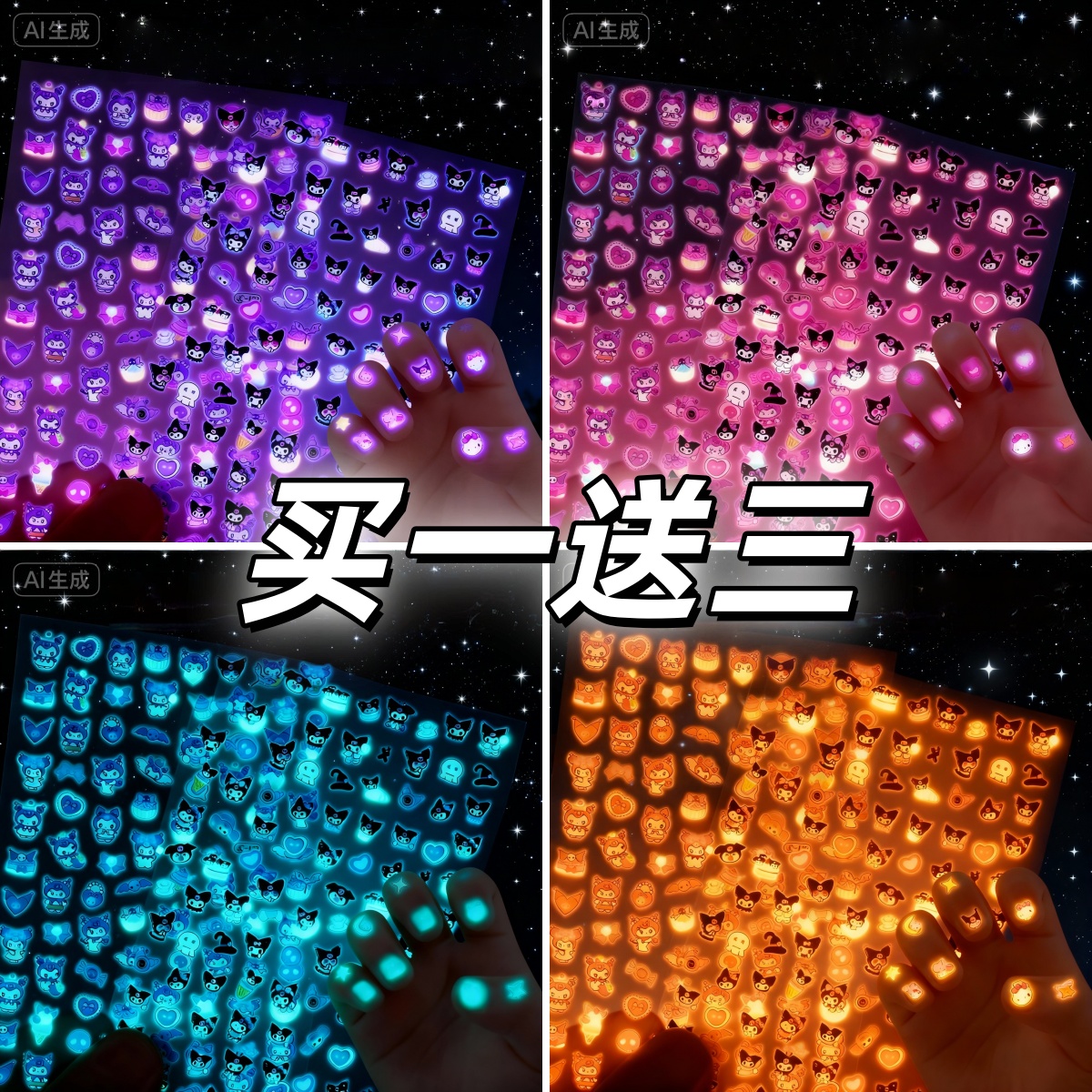 2025年新款夜光卡通指甲贴库洛咪装饰图案贴画幼儿园女童专用可拆卸美甲发光可爱手账素材3d立体软甲片3到6岁