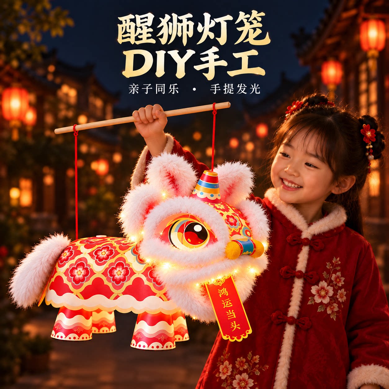2026新款醒狮中秋手工diy手提发光灯笼材料包幼儿园儿童花灯国风图片