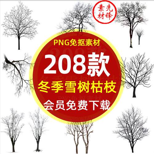 冬季树木枯枝树桩雪树背景PNG免抠图片 树枝干枯枯树插图PS素材
