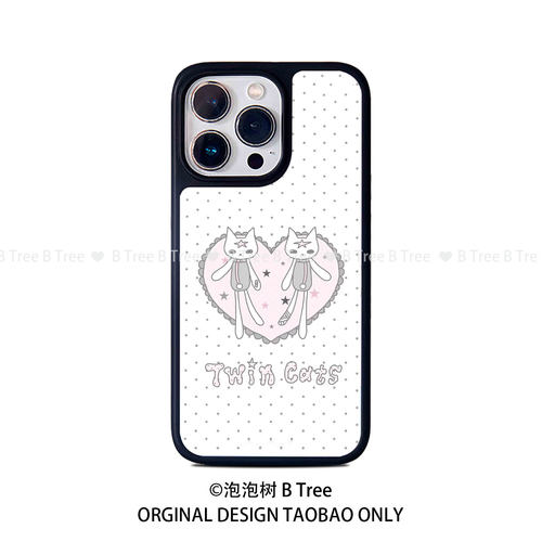 BTree原创双生猫咪日韩ins风粉白波点少女软壳全包iPhone17Air16promax15plus苹果14手机保护套132黑边框磁吸