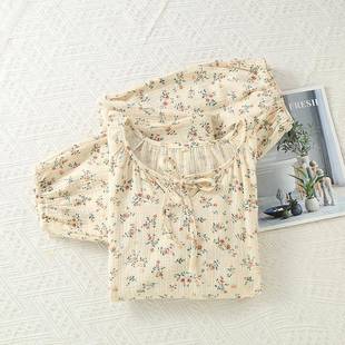 纯棉睡衣女长袖 春秋圆领薄款 绉布双层棉纱碎花宽松家居服套装