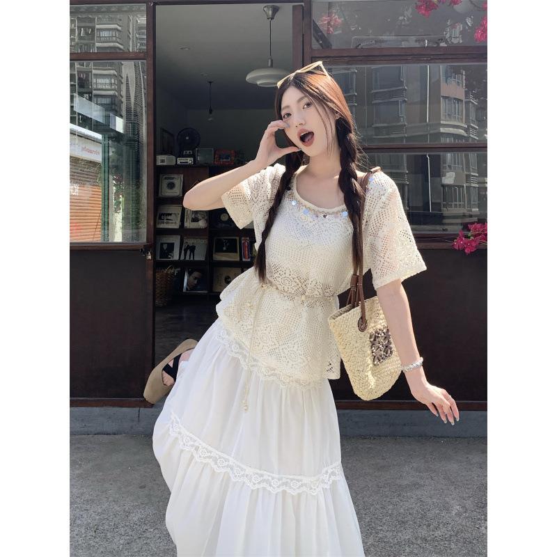 软妹温柔风镂空勾花收腰系带蕾丝圆领衬衫女夏季百搭半身裙套装女