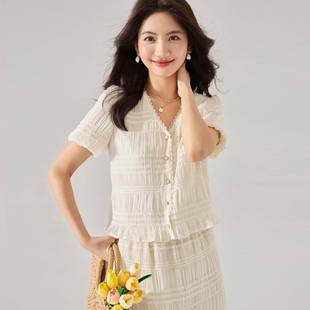 25夏法式 温柔甜美上衣15656半裙15659 气质V领褶皱木耳边短袖 套装