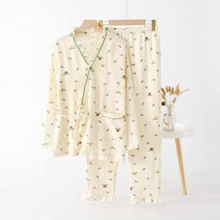 两件套 纯棉女睡衣纱布全棉春夏季 开襟和服系带薄款 七分袖 家居服