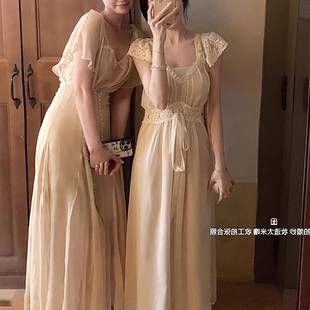 古董仲夏夜 V領(lǐng)收腰仙女裙薄紗中古長裙 蕾絲拼接連衣裙法式 美神