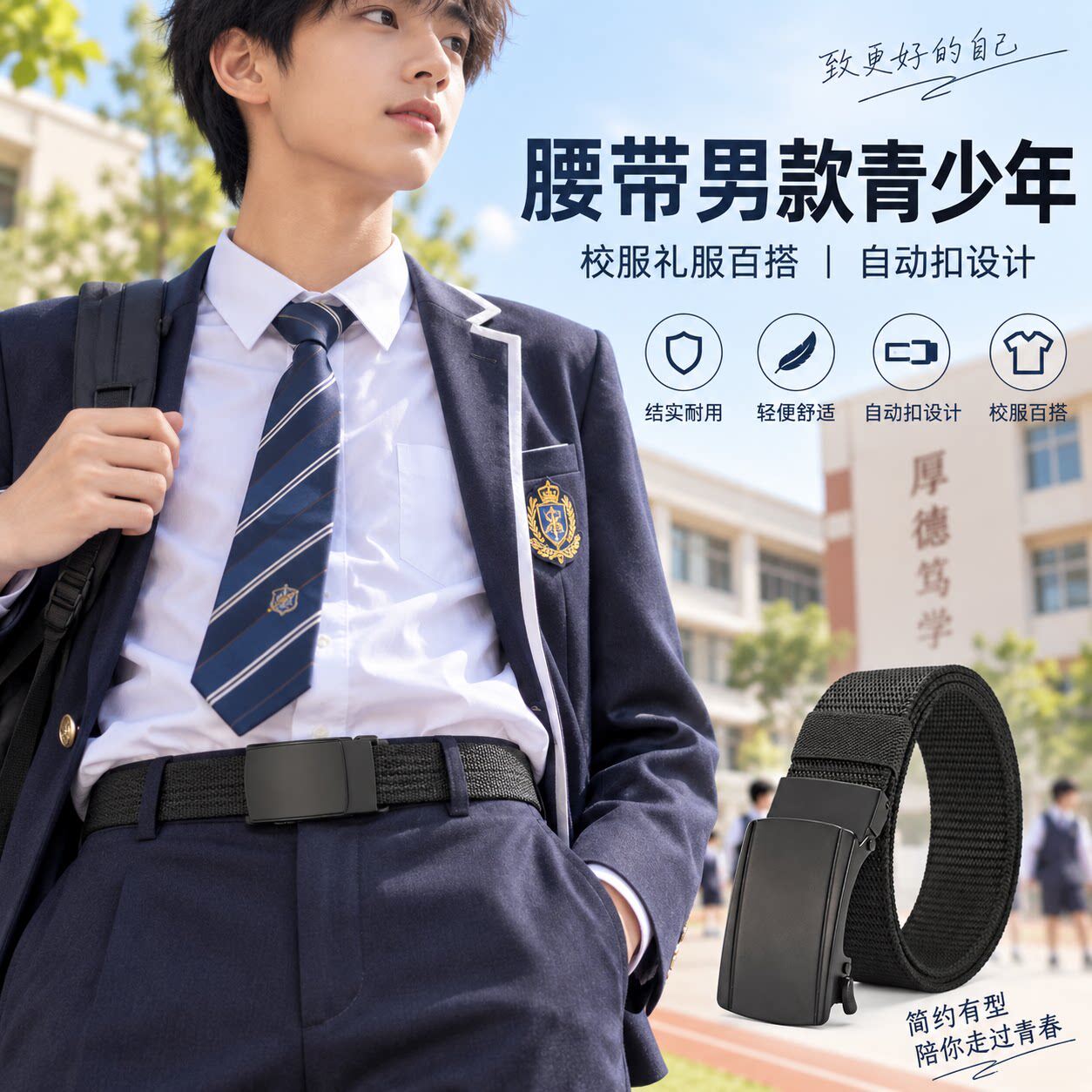 腰带男款青少年自动扣帆布皮带潮流轻便学生日常通勤休闲调节腰带